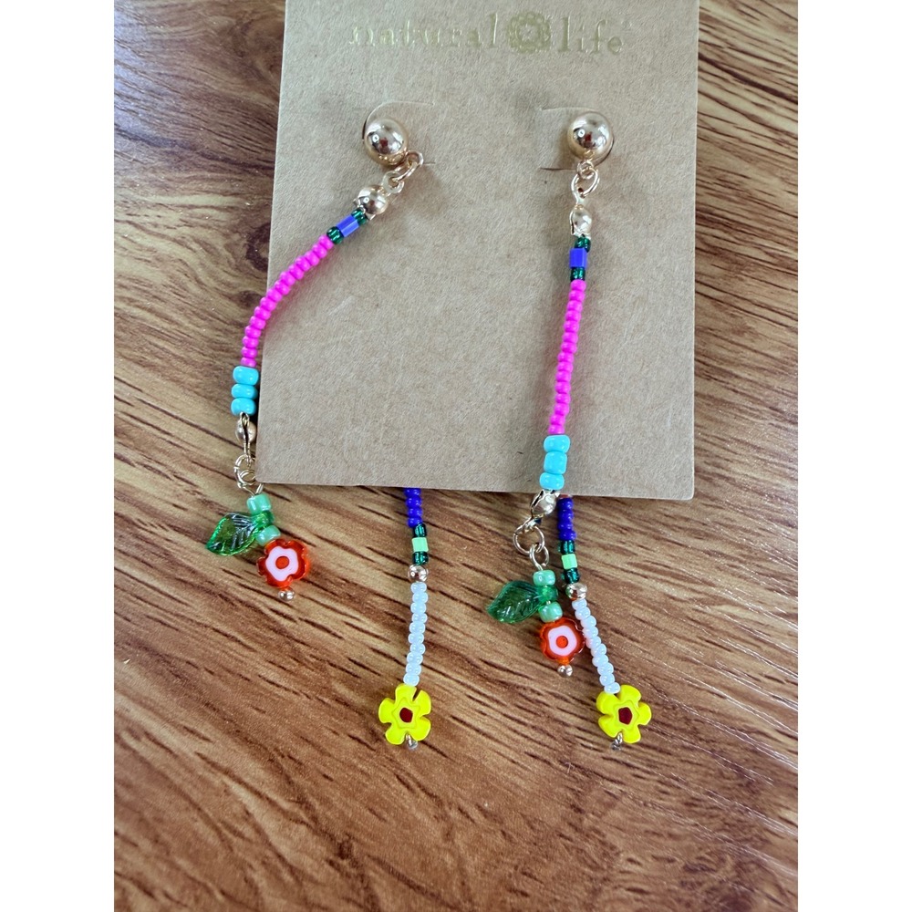 NWT Natural Life Beaded Flower Drop Earrings Boho Seed Bead Dangle Multicolor